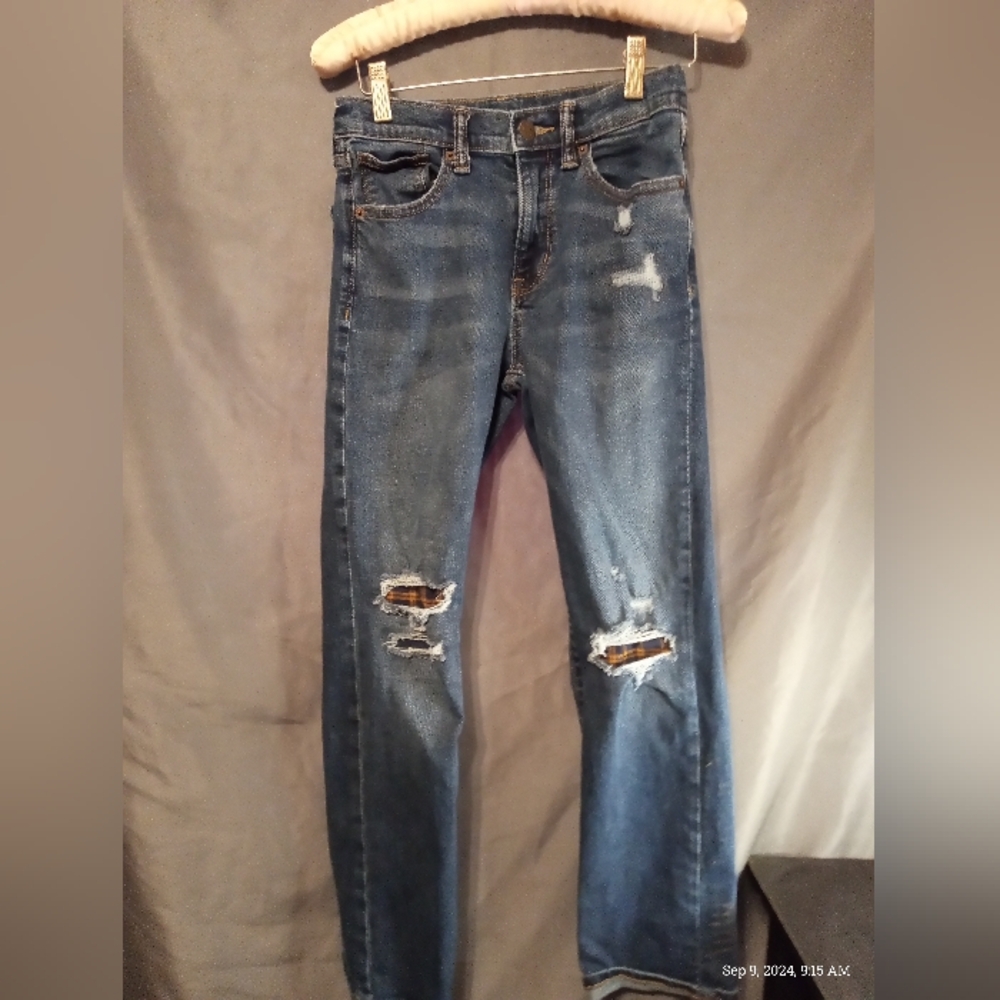 Navy stretch plaid patch denim jeans